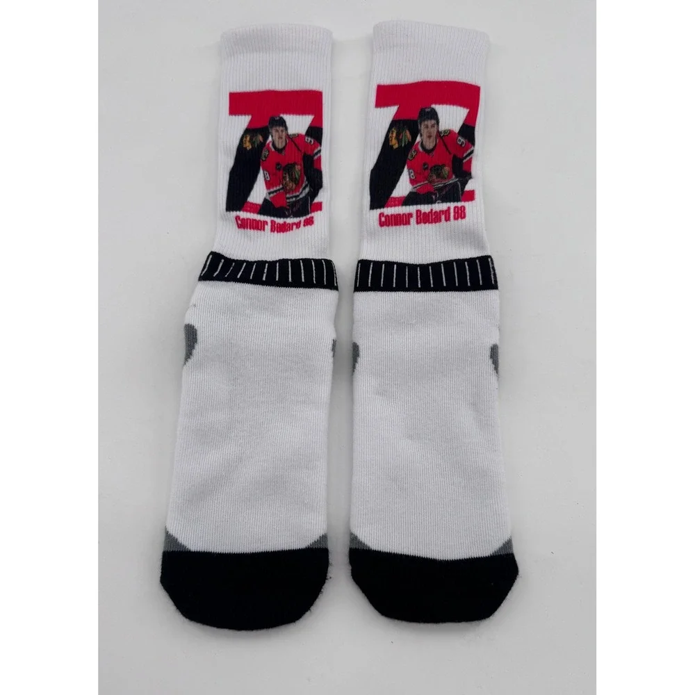 Connor Bedard 98 Crew Socks Mens White Chicago Blackhawks Hockey